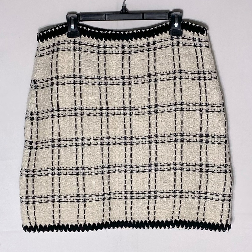 Tory Burch Cream Black Plaid Tweed Linen Blend Mini Skirt XL Academia Twee